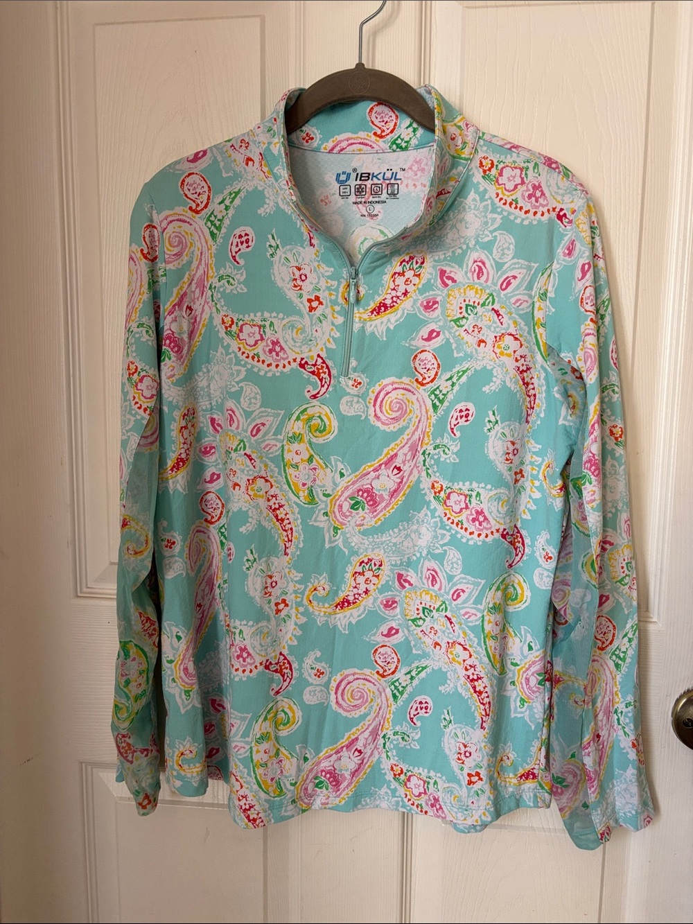 IBKUL Aqua Paisley Zip-Front Pullover with Pink & Yellow Accents
